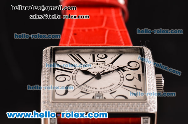 Franck Muller Master Square Swiss Quartz Steel Case with Diamond bezel and Red Leather Strap - Click Image to Close